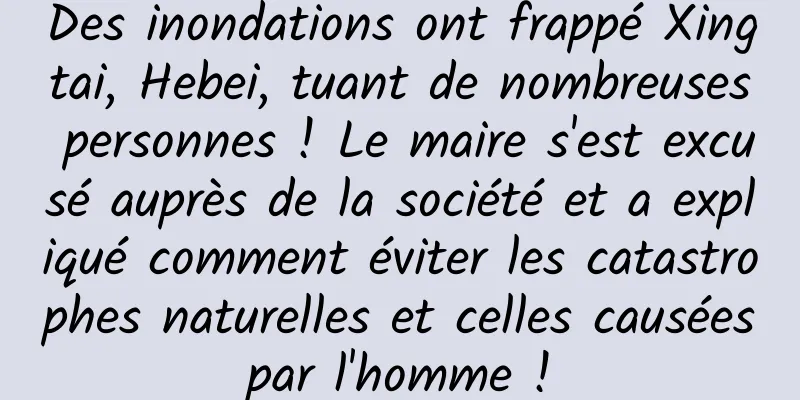 Des inondations ont frappé Xingtai, Hebei, tuant de nombreuses personnes ! Le maire s'est excusé auprès de la société et a expliqué comment éviter les catastrophes naturelles et celles causées par l'homme ! 